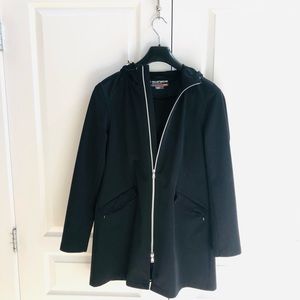 Black water resistant mid thigh coat